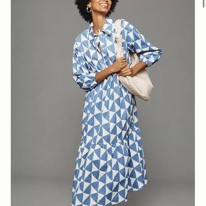 Anthropologie The Bettina Tiered Shirt Dress by Maeve - Blue & White - Med